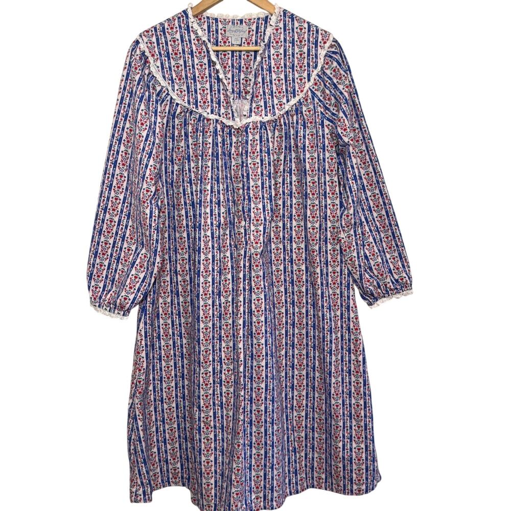 Lanz of Salzburg Tyrolean Stripe Print Size Large 100% Cotton Flannel Nightgown